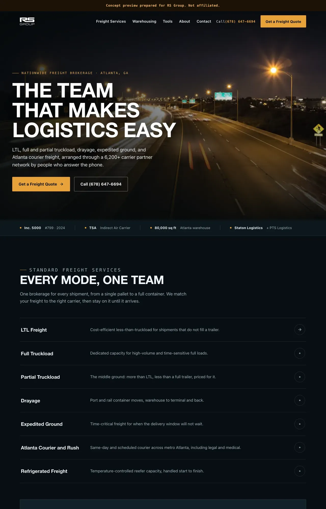 Home page of the Night Cinematic direction: a full-bleed night highway with warm amber light-trails and a white headline.