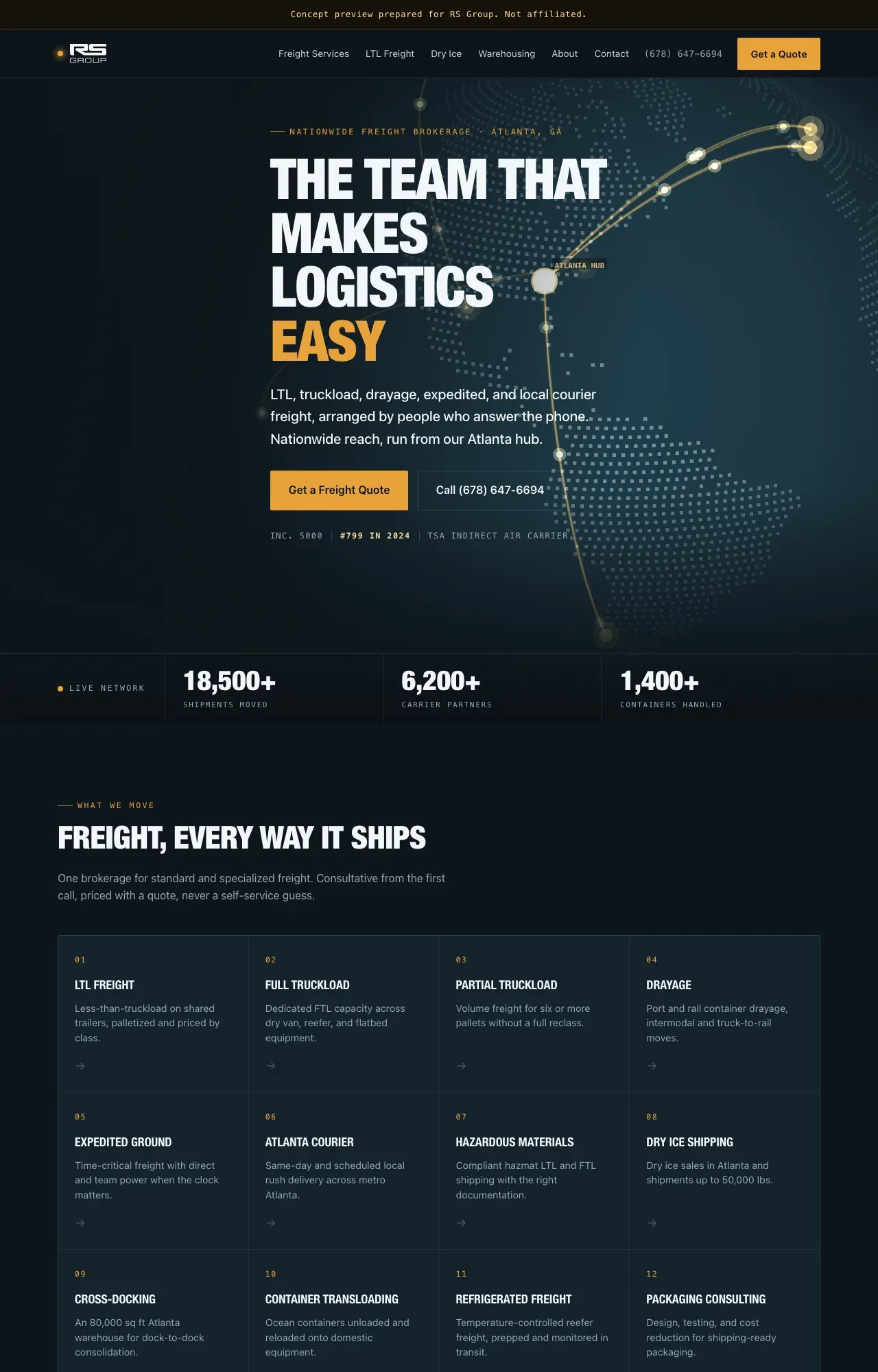 Home page of the Freight Globe direction: a dark site with a rotating dotted globe and amber freight arcs to an Atlanta hub.