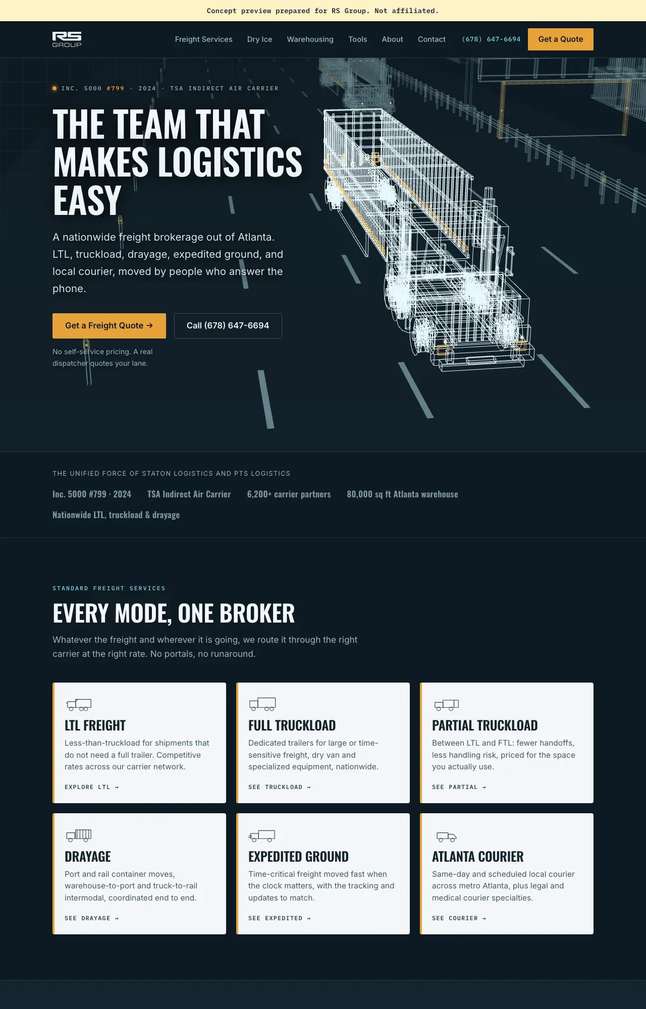 Home page of the Wireframe Follow-Cam direction: a dark slate-navy site with cyan wireframe linework and amber accents.
